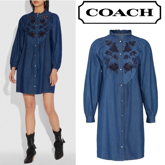 Coach Dresses & Skirts - Coach Embroidered Denim Dress Blue Size 12 Made In Italy Snap Button Closure